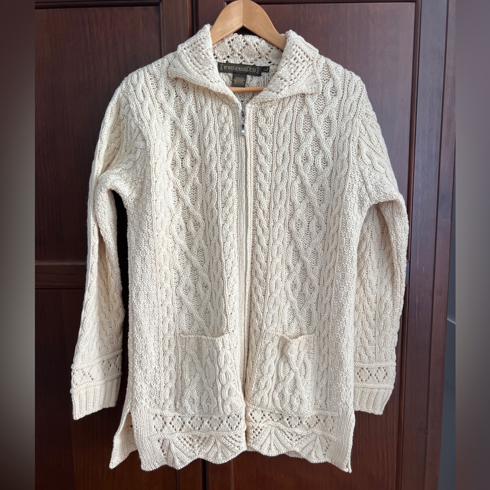 Inis Craft Irish Wool Handcrafted Fisherman Cable-Knit Zip Sweater Jacket